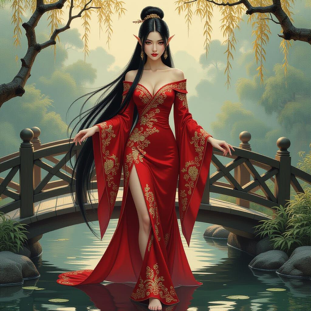 Oriental Elf Strolling on Garden Bridge