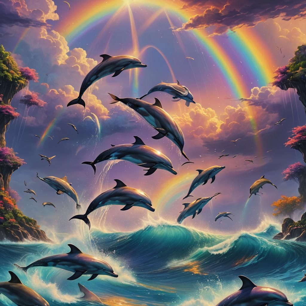 Dolphins Jumping Under Rainbow: Anime-Inspired Fantasy