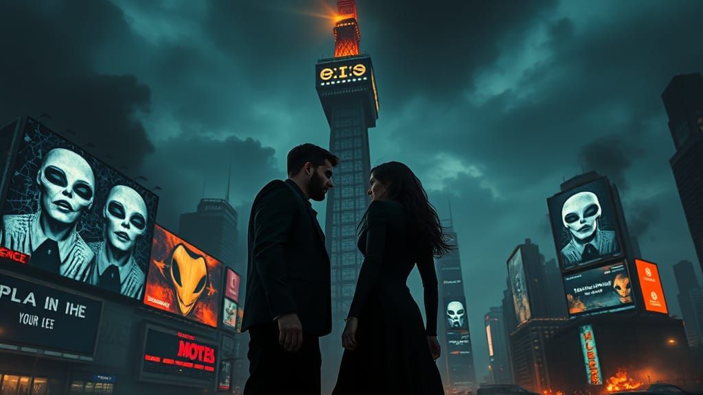 Man and Woman in Black Unite Under Glitching Media Tower