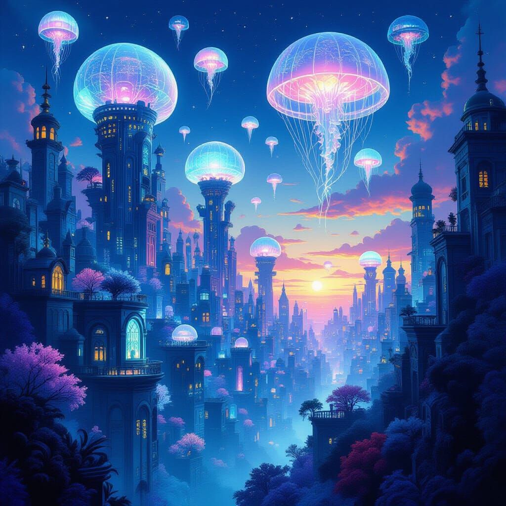 Bioluminescent Coral City with Jellyfish Airships