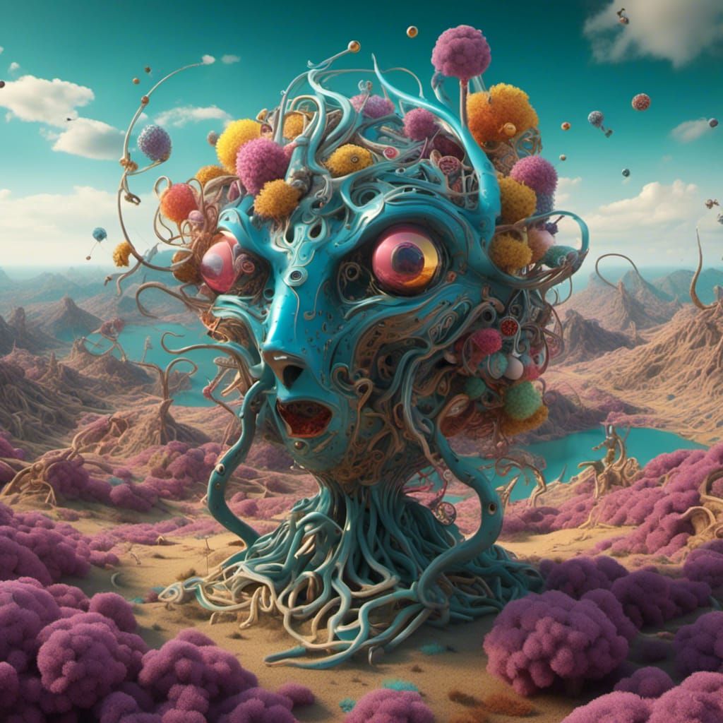 Abstract Cyber Creature Roams Metaverse Landscape