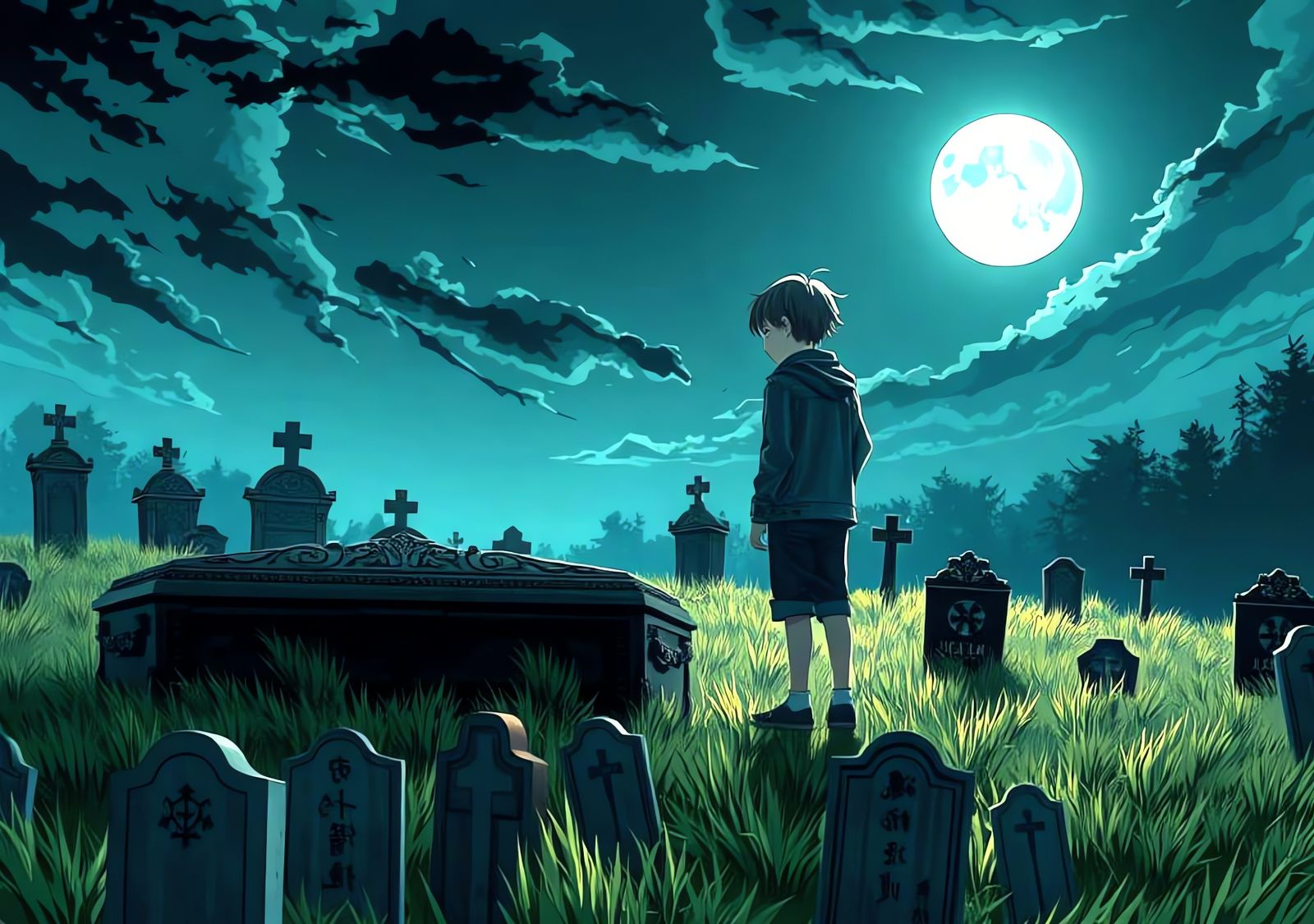 Noir Manga: Lone Figure in Graveyard