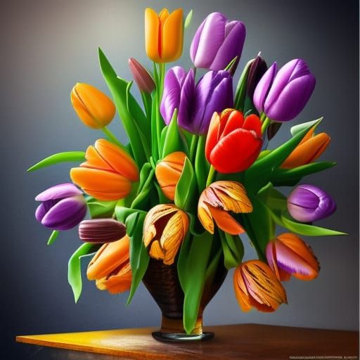 Colorful Tulips in Vase: Digital Matte Painting
