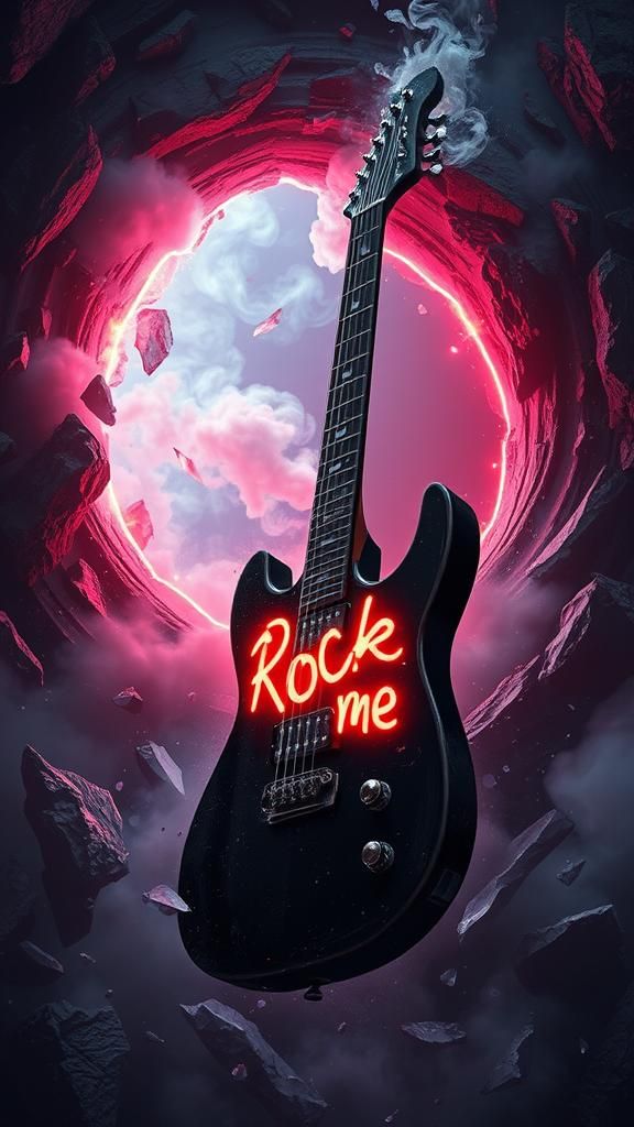 Electric Guitar Shatters Through Portal in Dreamlike Art