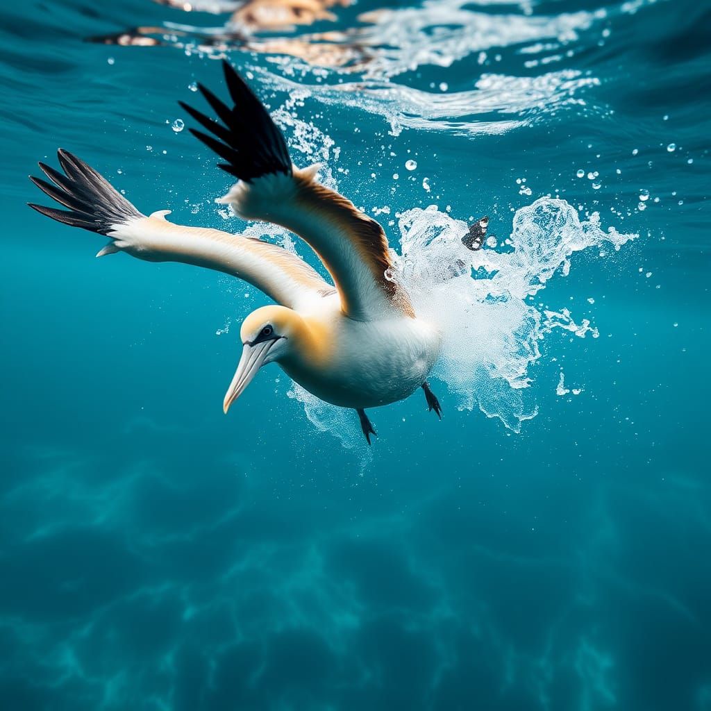 Gannet Dive: Underwater Splash in Digital Art Style