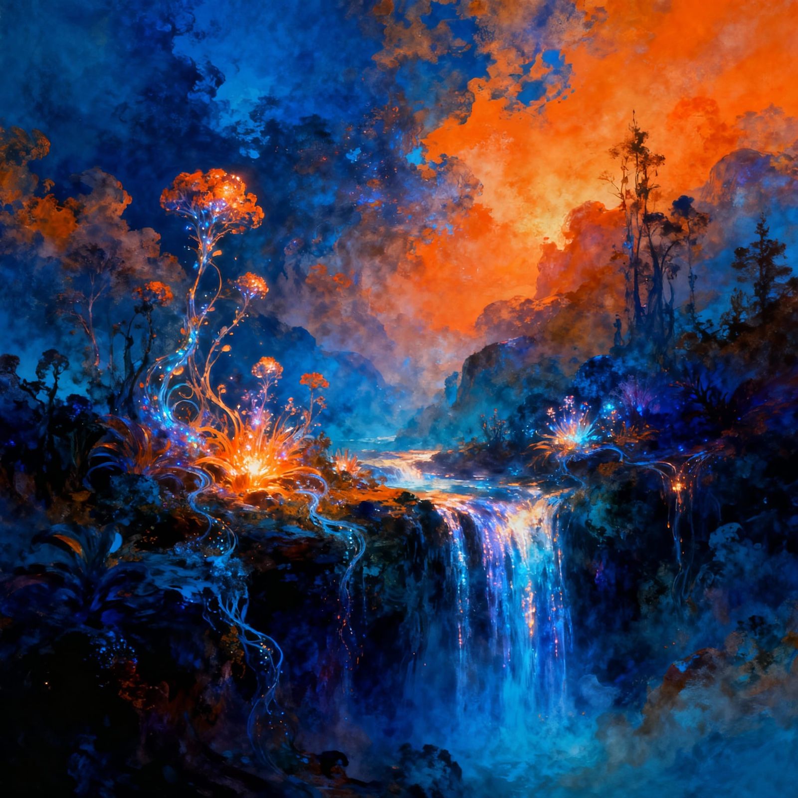Ethereal Landscape with Glowing Flora and Waterfalls