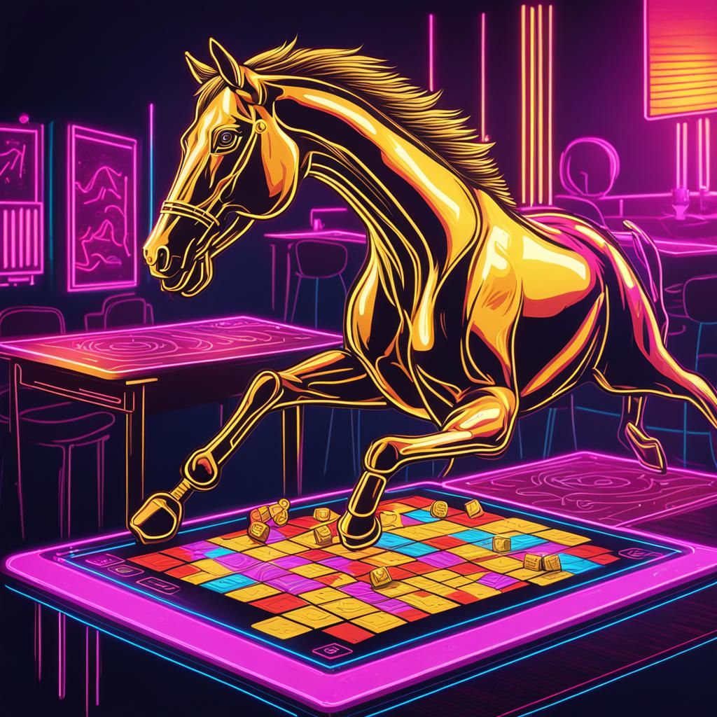 Golden Horse Plays Board Game in Synthwave Style