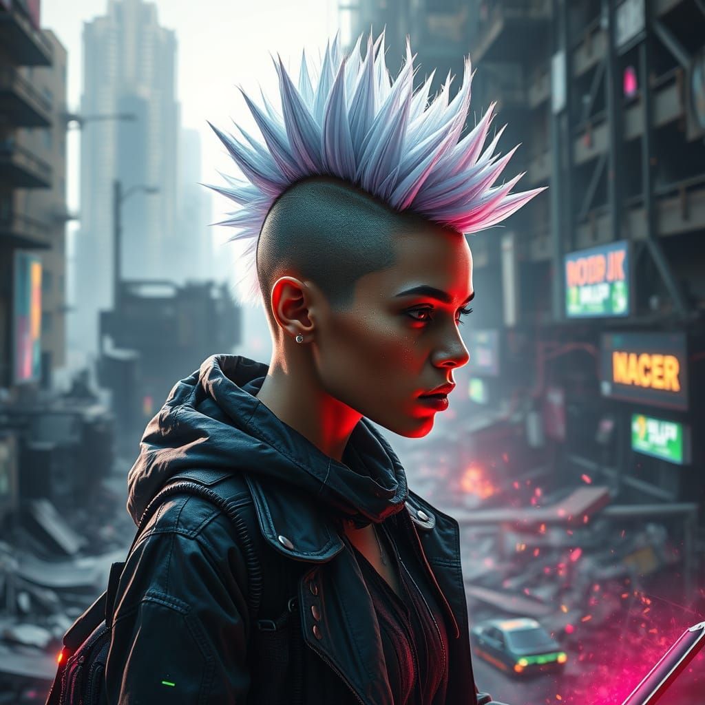 Hacker in Neon Cityscape with Cyberpunk Elements