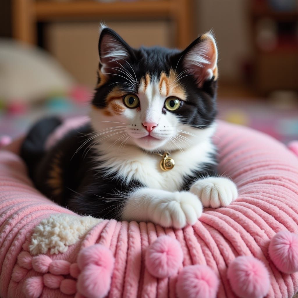 Adorable Tuxedo Cat on Pink Pillow in Country Home