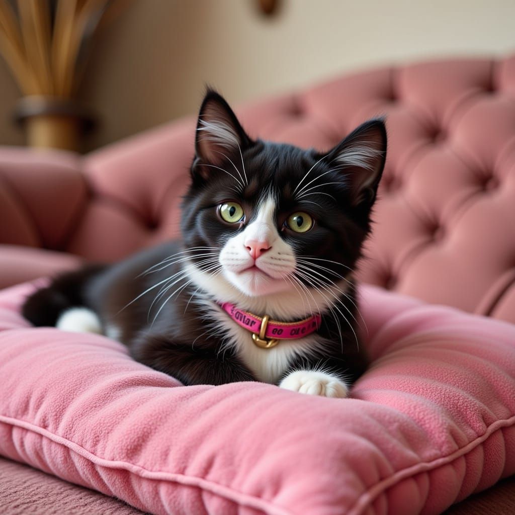 Adorable Tuxedo Cat on Pink Pillow in Country Home
