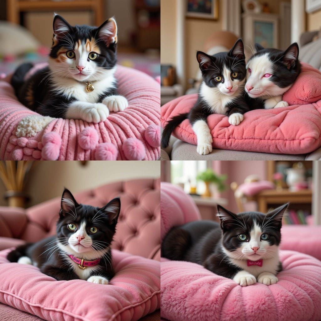 Adorable Tuxedo Cat on Pink Pillow in Country Home