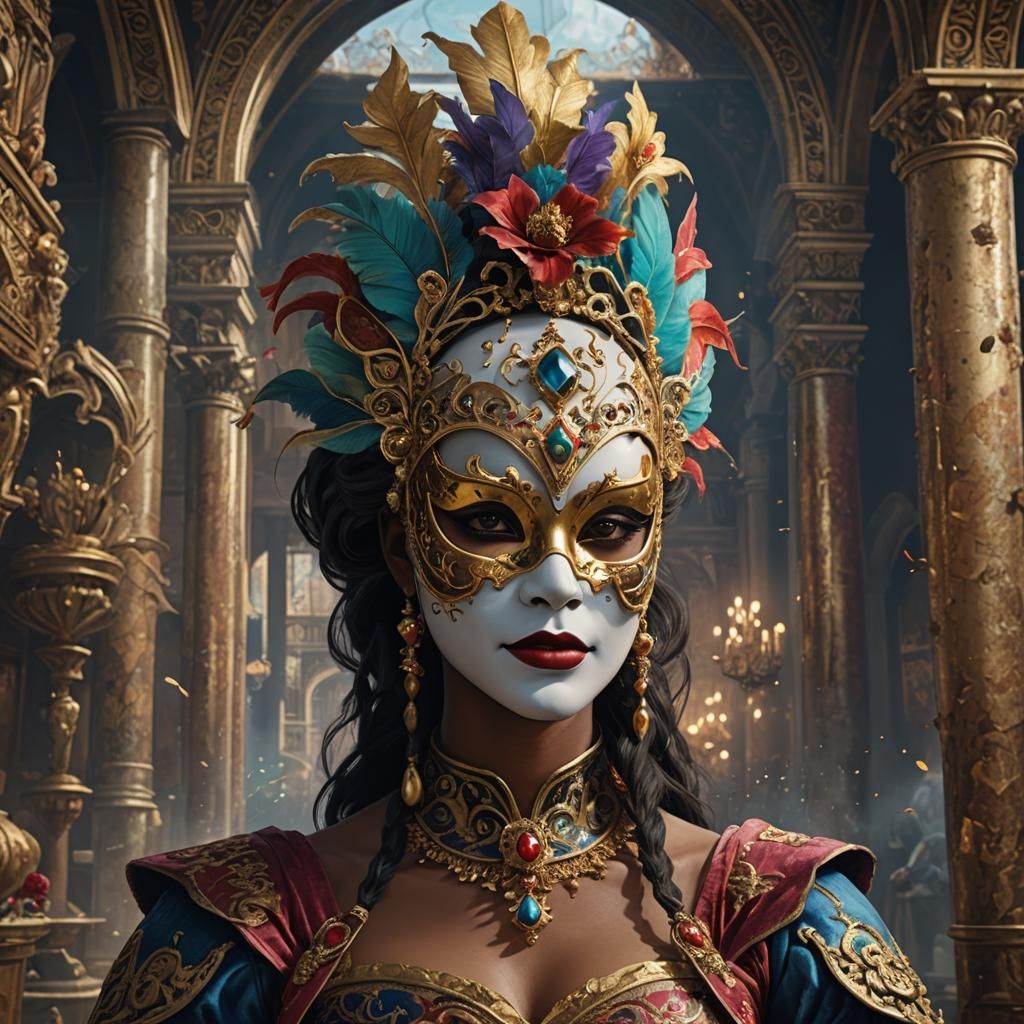 Person in Venetian Mask, Detailed Digital Painting