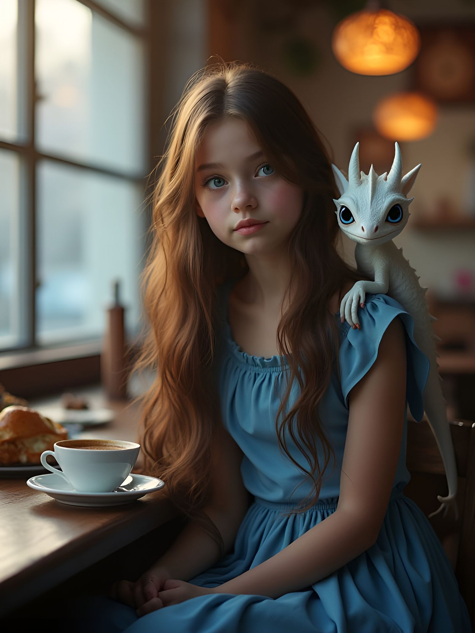 Girl with Dragon in Cafe: Cinematic Still
