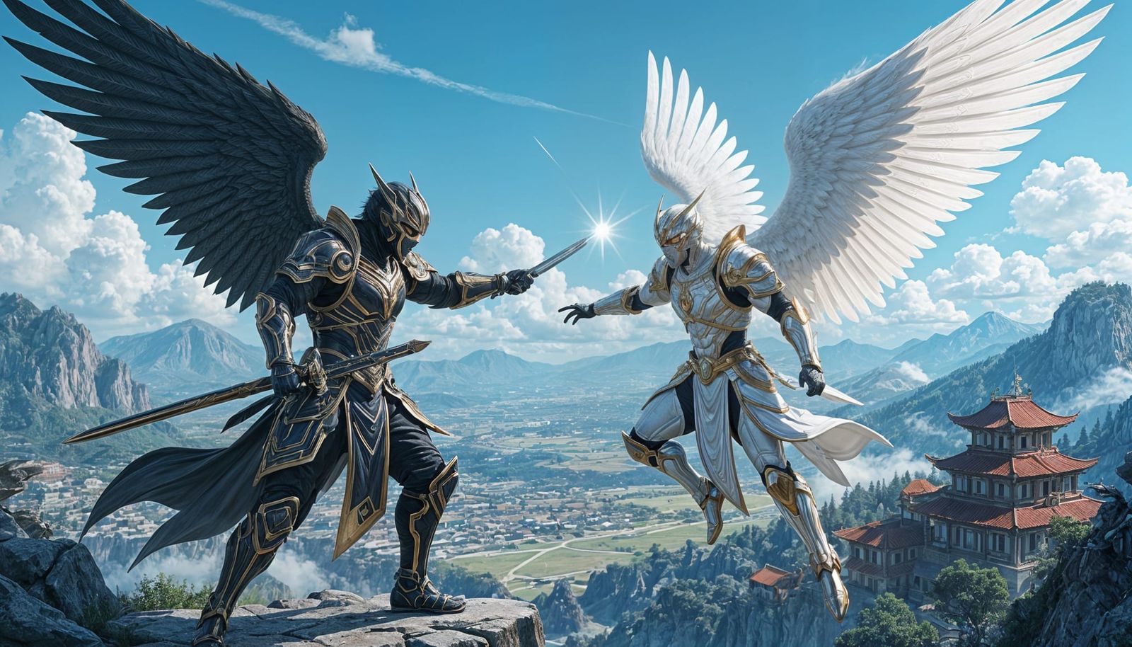 Ninja Warrior Battles God and Angel in Anime Style