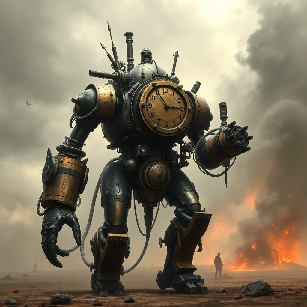 Steampunk Clockwork Golem in Post-Apocalyptic Wasteland