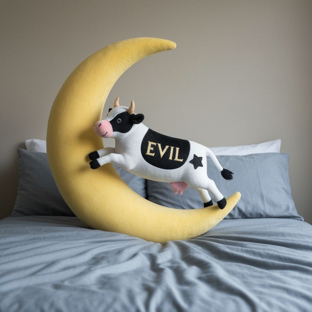 Evil Stuffed Cow Jumps Over Moon on Bed
