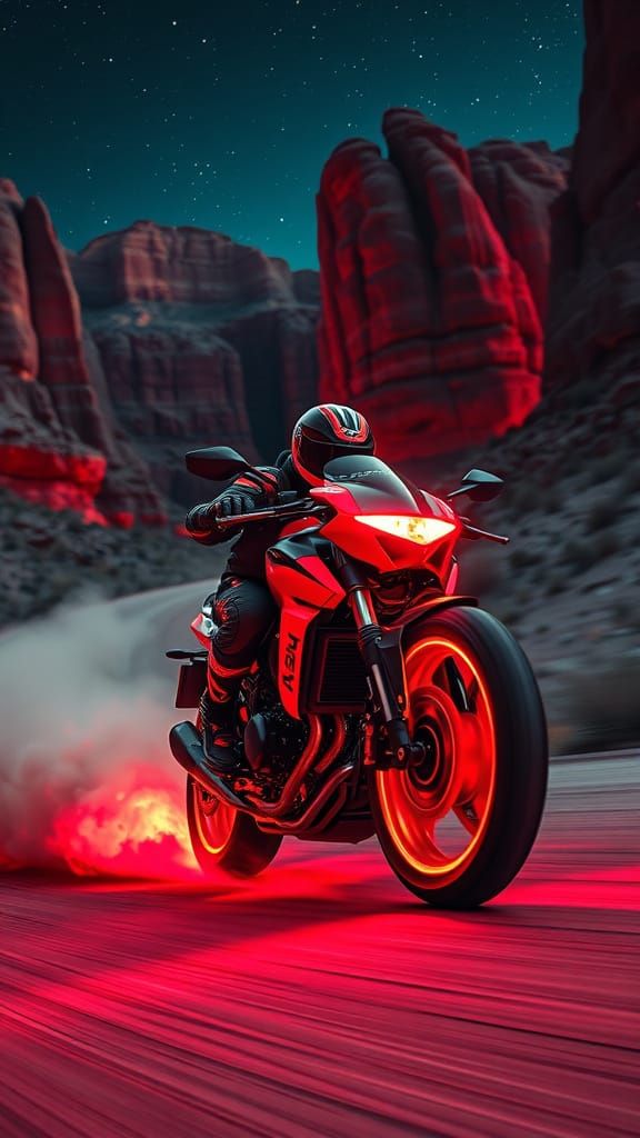Glowing Motorcycle Rides Through Desert Canyon at Night in N...