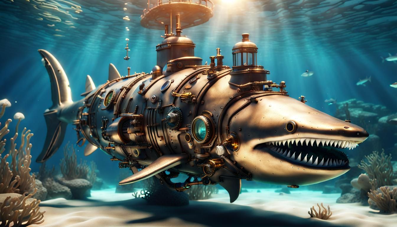 Steampunk Shark Submarine in Crystal Clear Water