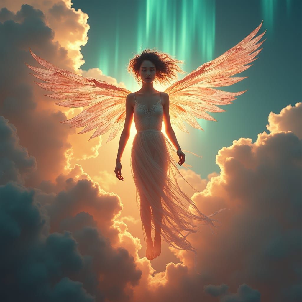 Ethereal Angel in Aurora Sky: Matte Painting