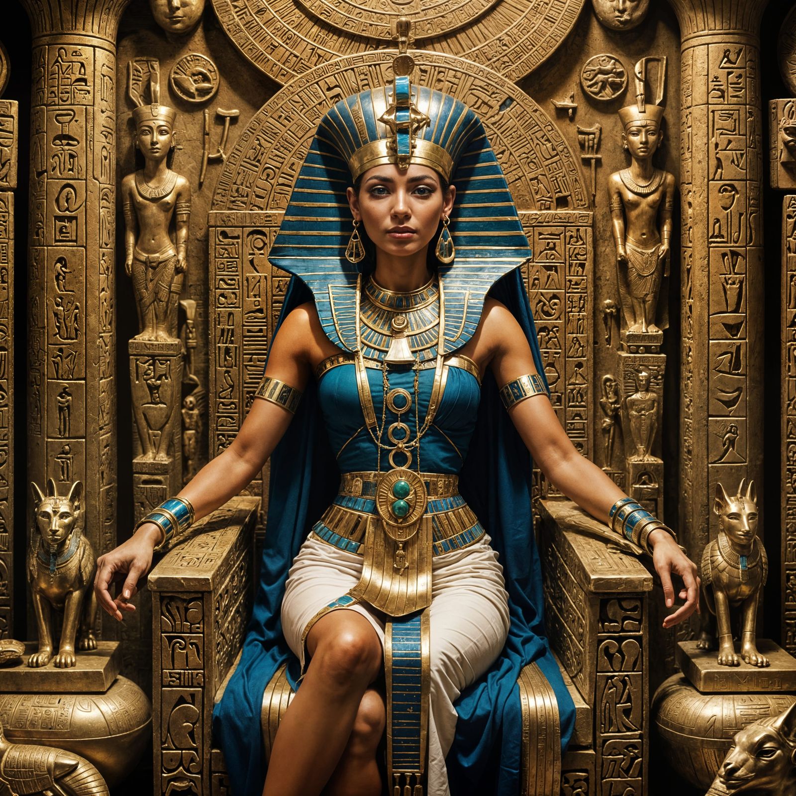 Egyptian Queen on Throne with Hieroglyphics