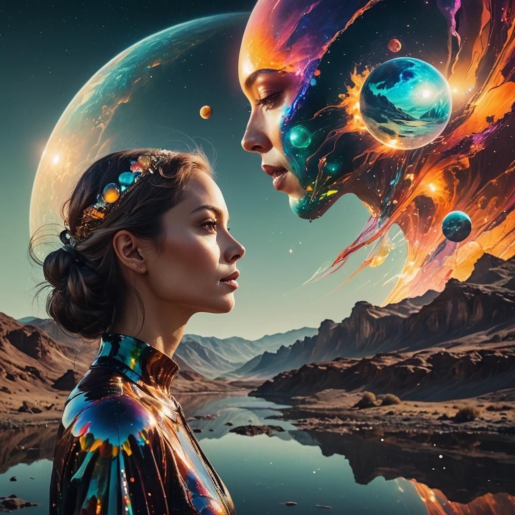 Double Exposure: Woman and Colorful Alien Planet