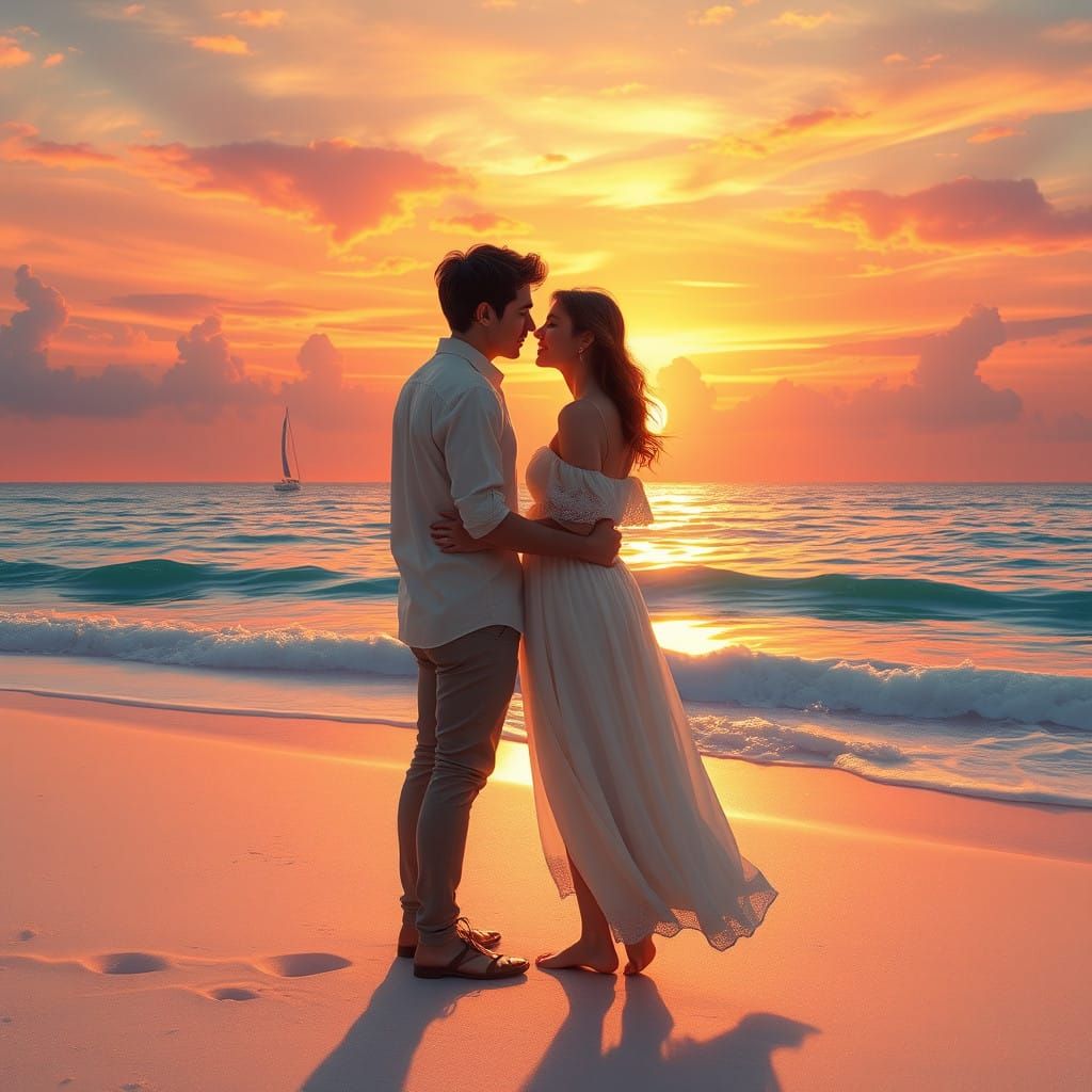 A serene young couple standing on the shore,hugging and kissing, gazing out at the vast expanse of ocean, as the warm su...