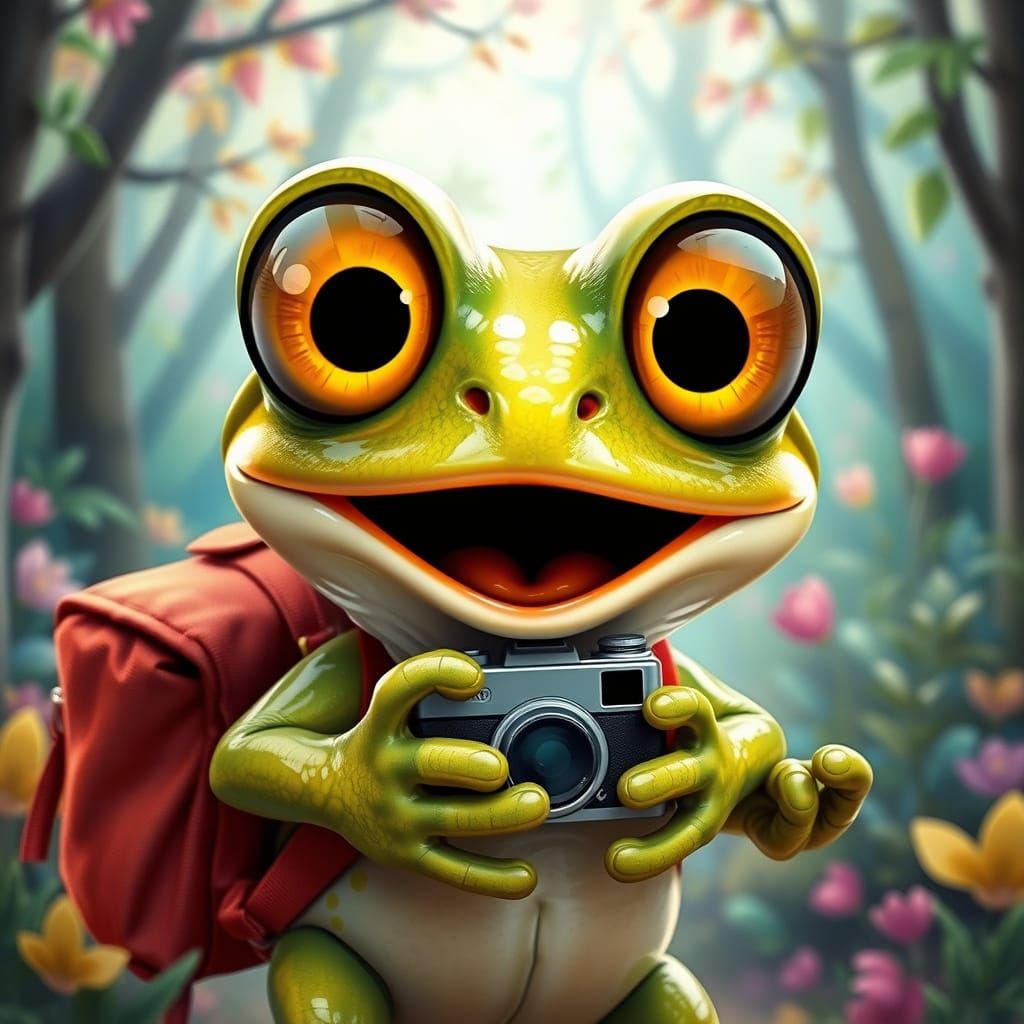 Surprised Frog Photographer in Whimsical Forest