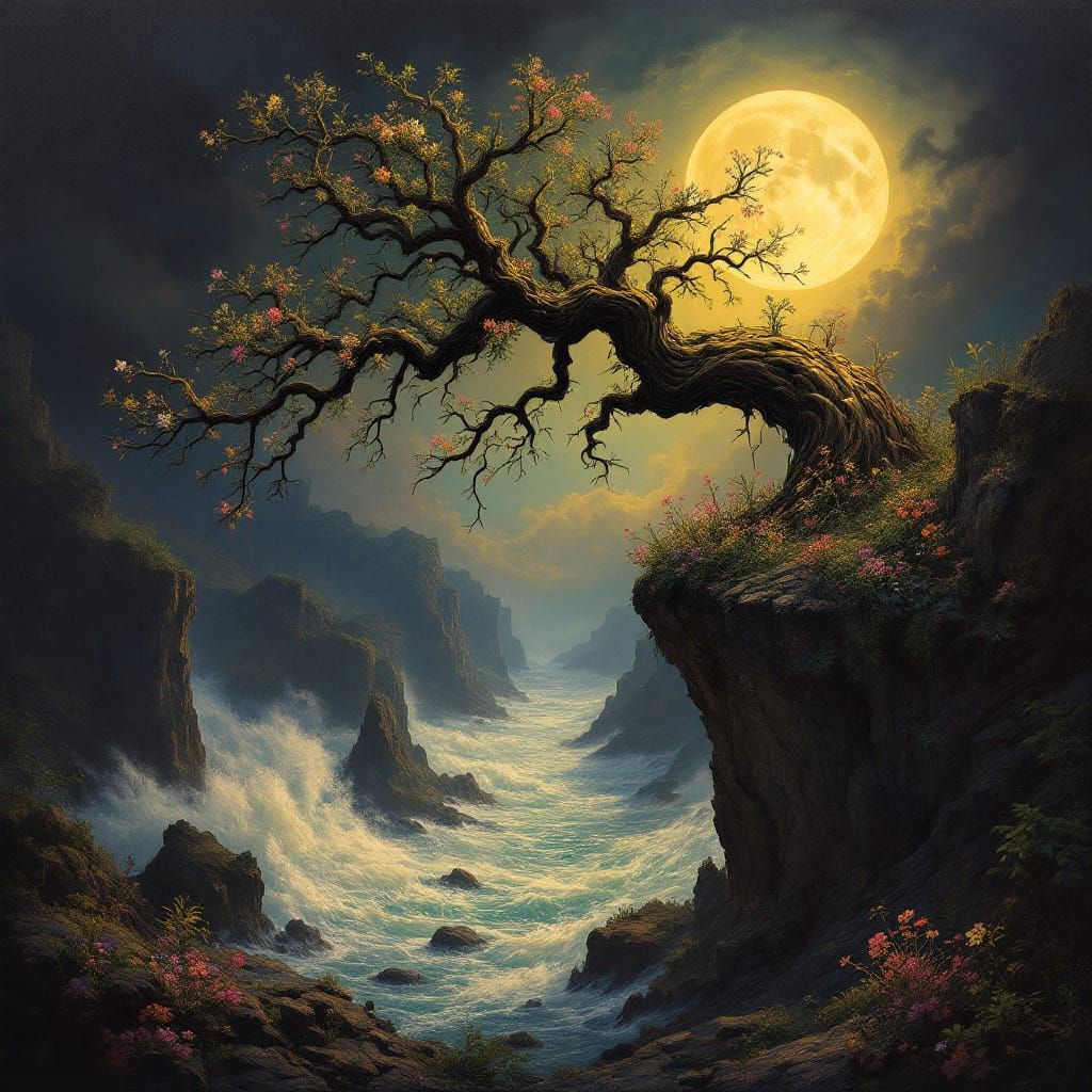Surreal Gnarled Tree Overlooking Raging River Under Moonligh...