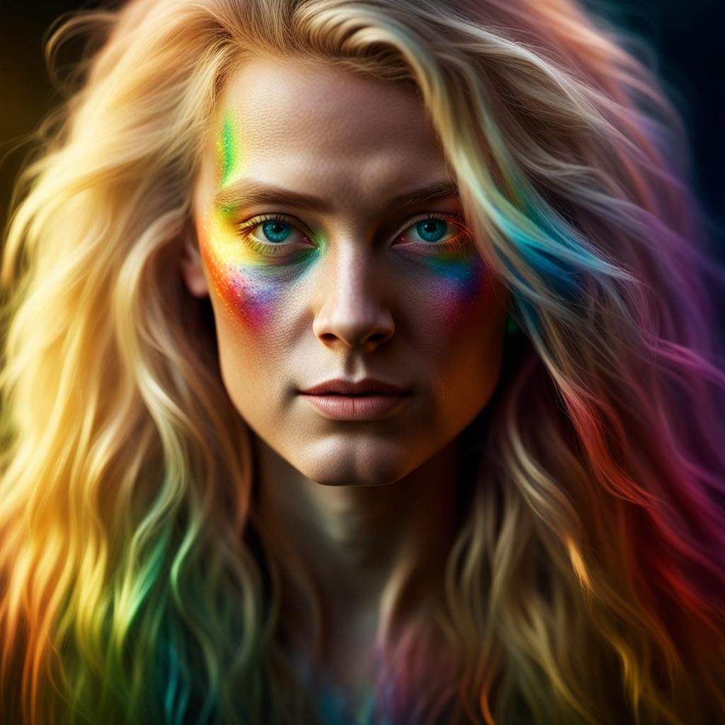 Hyper-Realistic Blonde Woman with Rainbow Eyes
