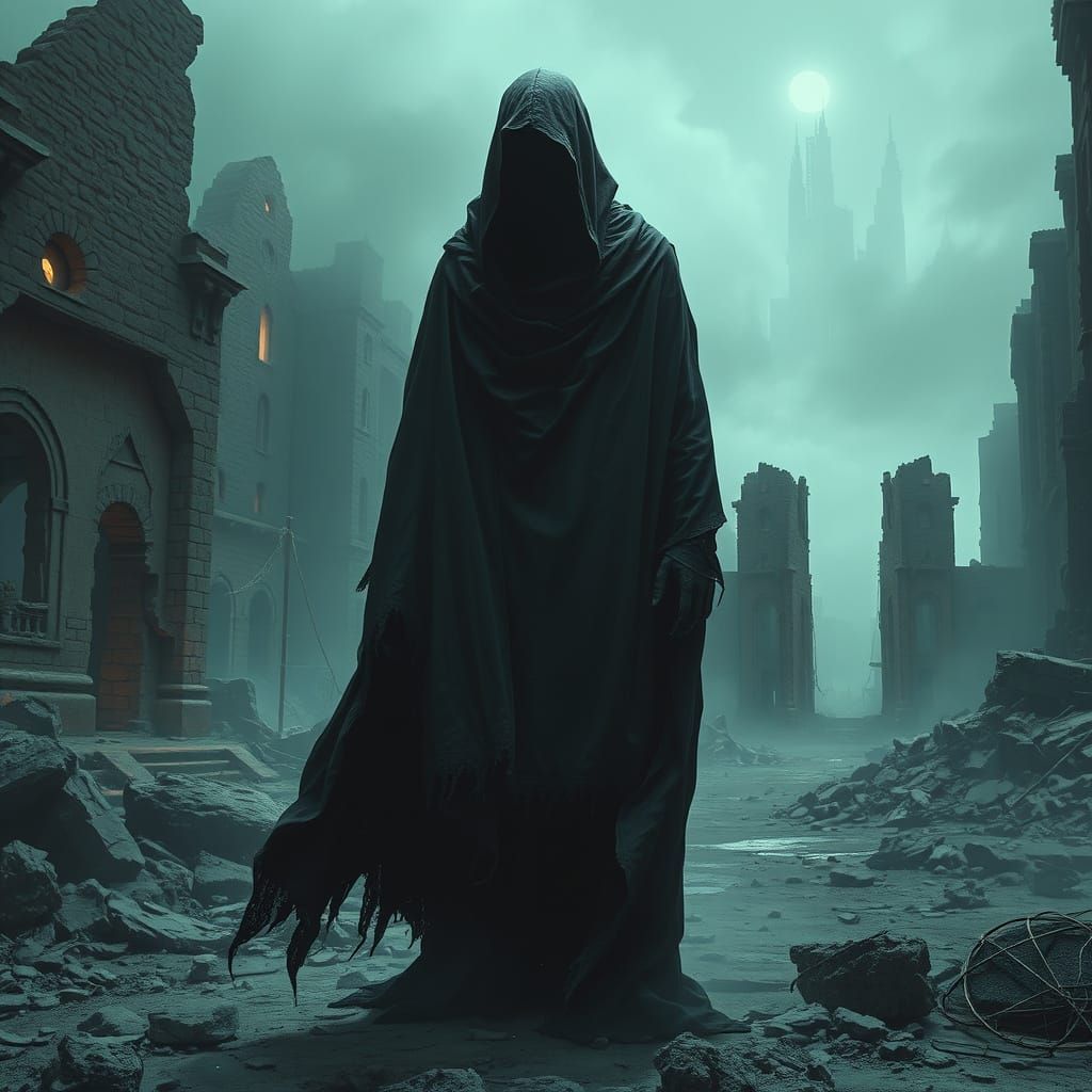Eerie Figure in Ruined Cityscape, Inspired by Beksiński and ...
