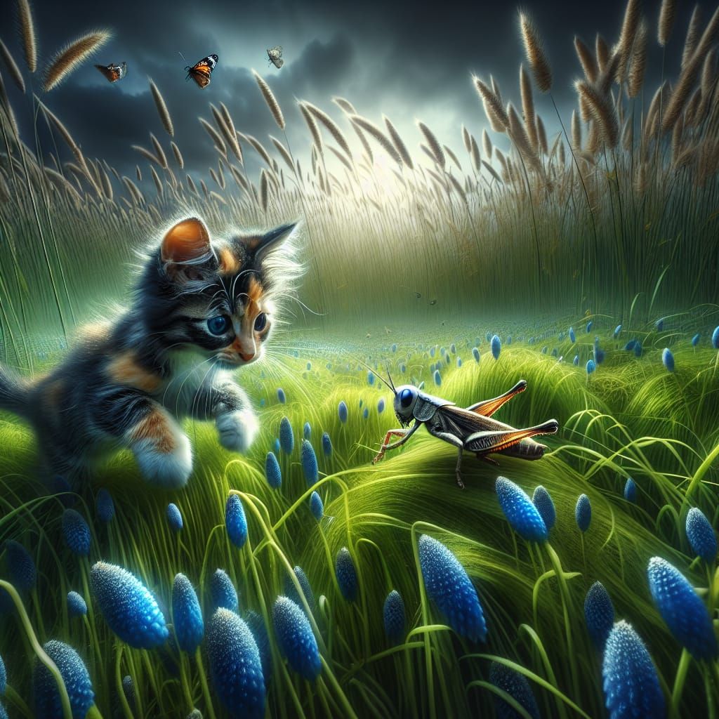 Calico Kitten's Playtime: A Hyperrealistic Meadow Scene