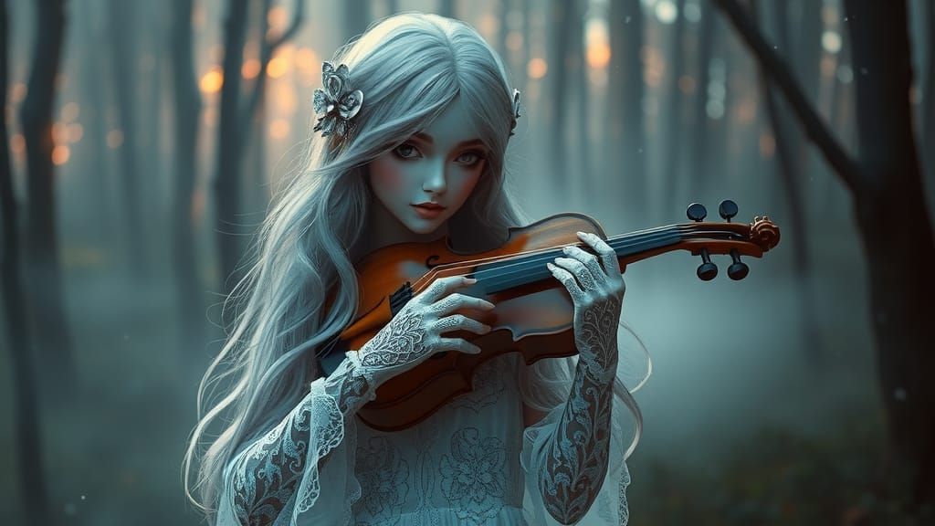 Ethereal Violinist in Mystical Forest Glade