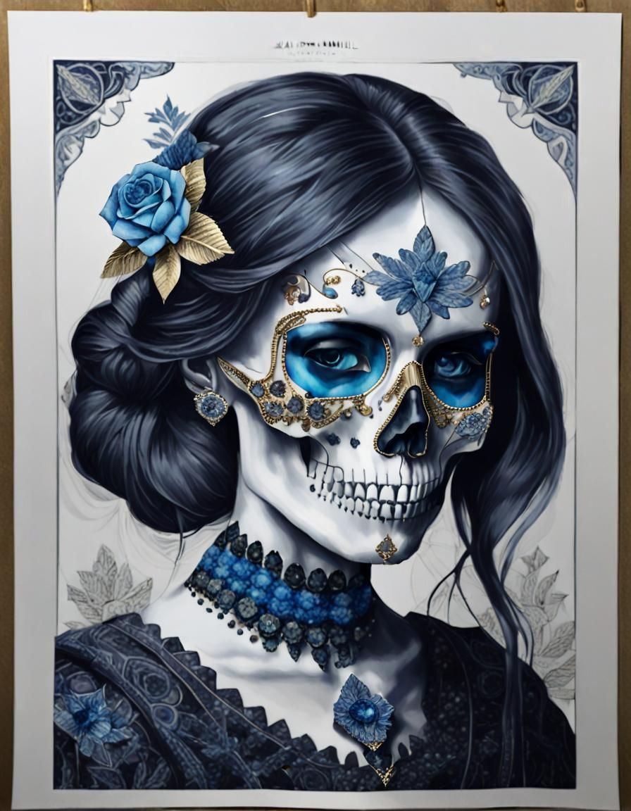 Botanical Starscape Skull: Intricate Black and Gold Drawing