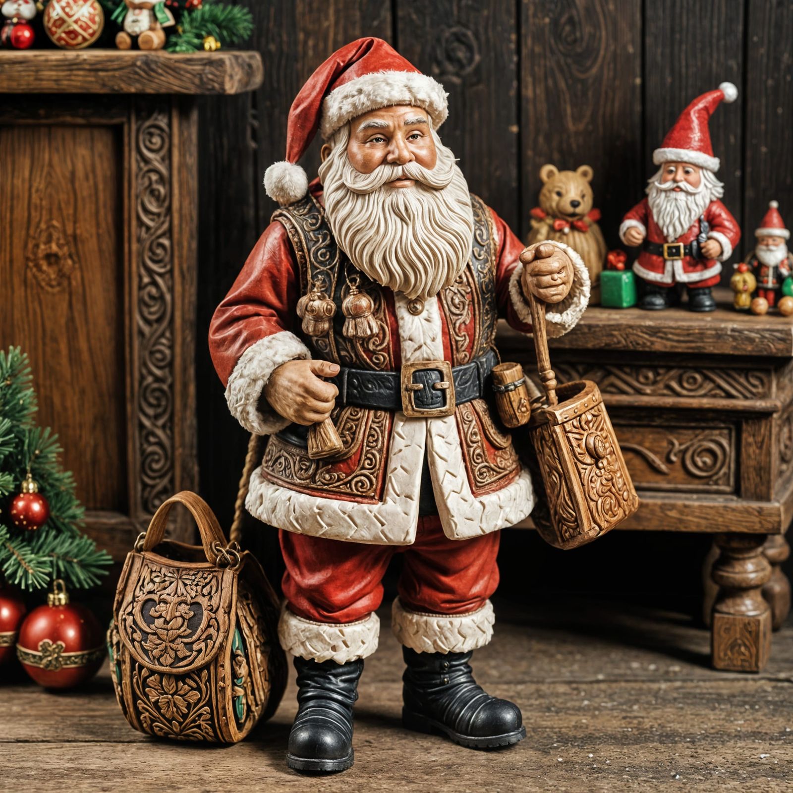 Intricately Carved Wooden Santa Claus with Toy Bag