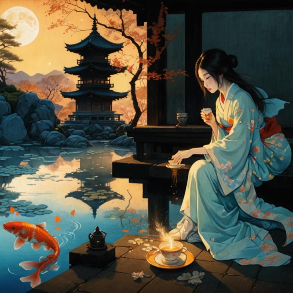Chalk Art: Woman's Nighttime Tea Ceremony by Pagoda