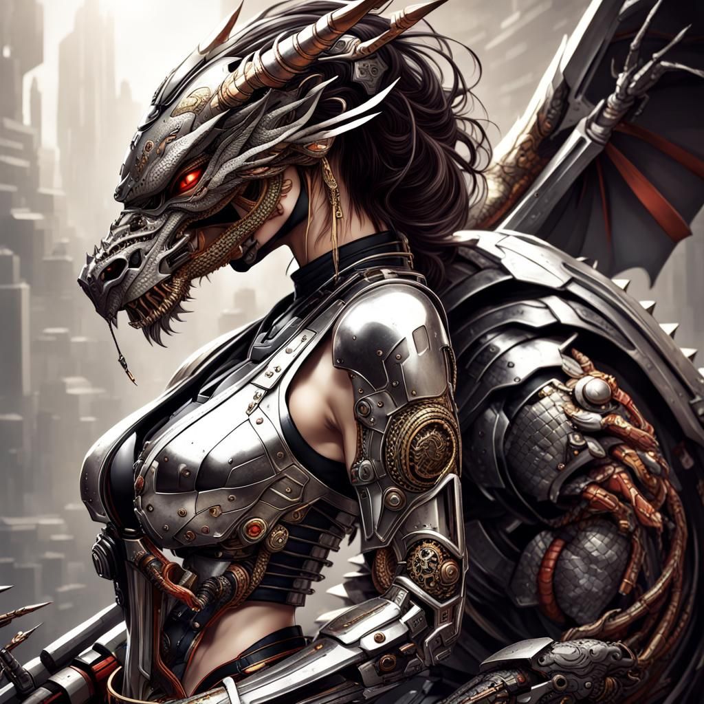 Cyborg Samurai with Futuristic Robo-Dragon