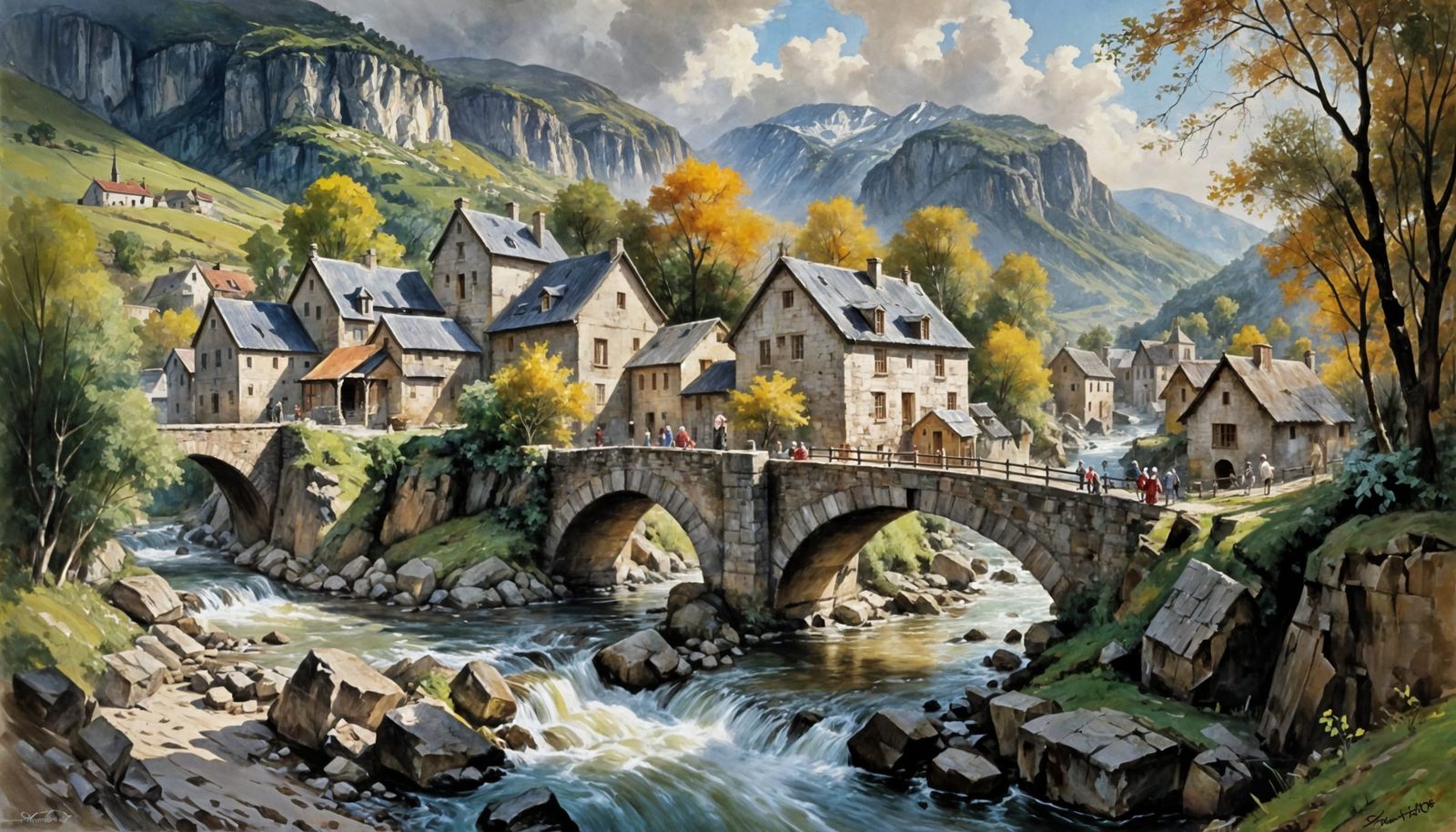 Chiaroscuro Village: Ancient Bridge Over River