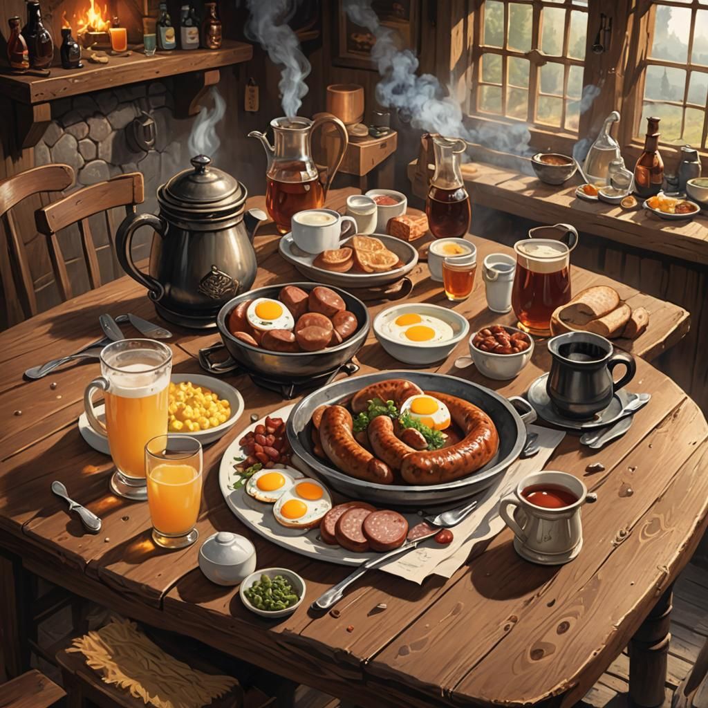 Fantasy Tavern Breakfast with Ale and Sausage