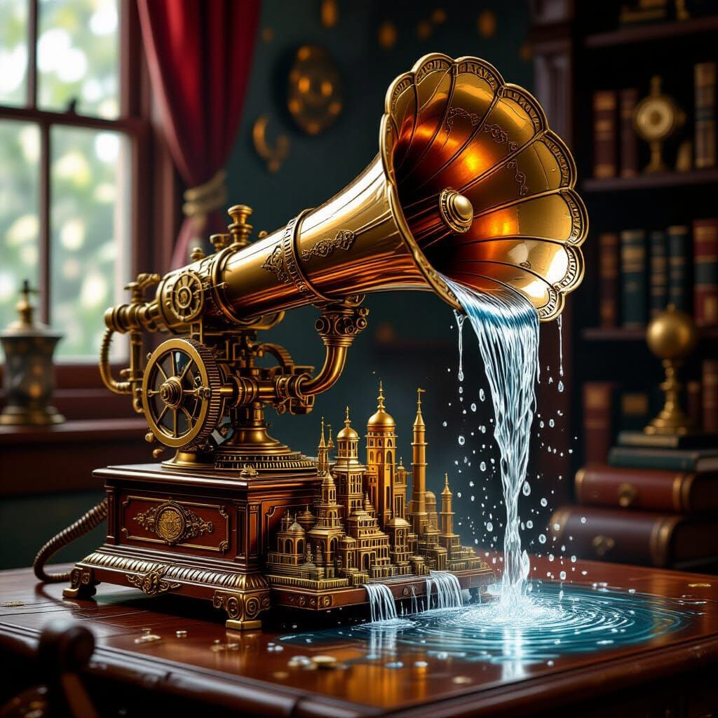 Steampunk Phonograph Creates Euphonic Cascade Illustration