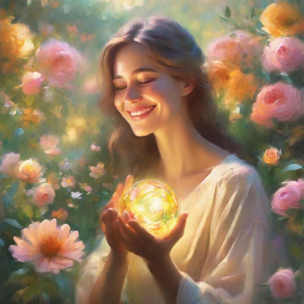 Woman Offering Light in Dreamy Impressionist Garden