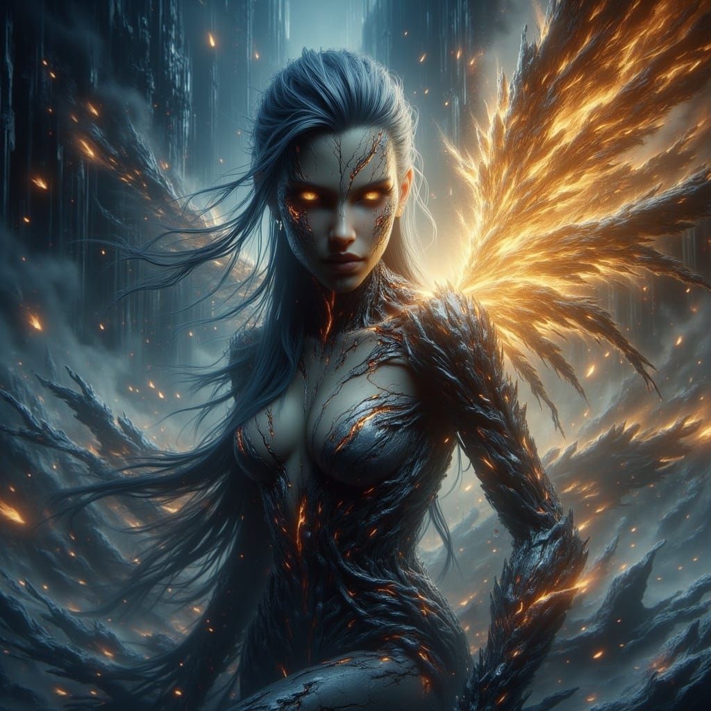 Ethereal Vampire Ascends in Golden Wings Amidst Snowy Landsc...