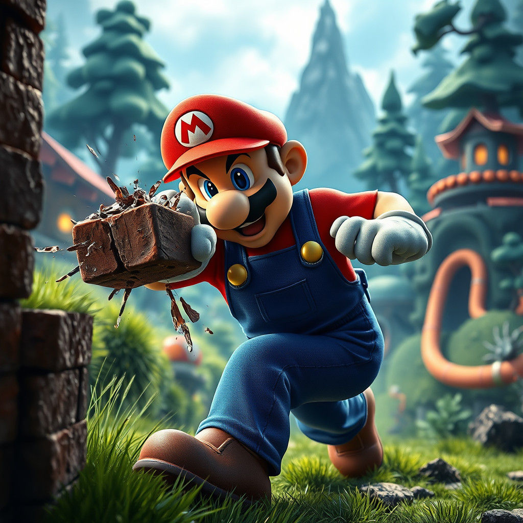 Hyperrealistic Mario Punches Brick in Mushroom Kingdom