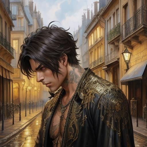 Hybrid Demon-Angel Contemplating Ancient French Street