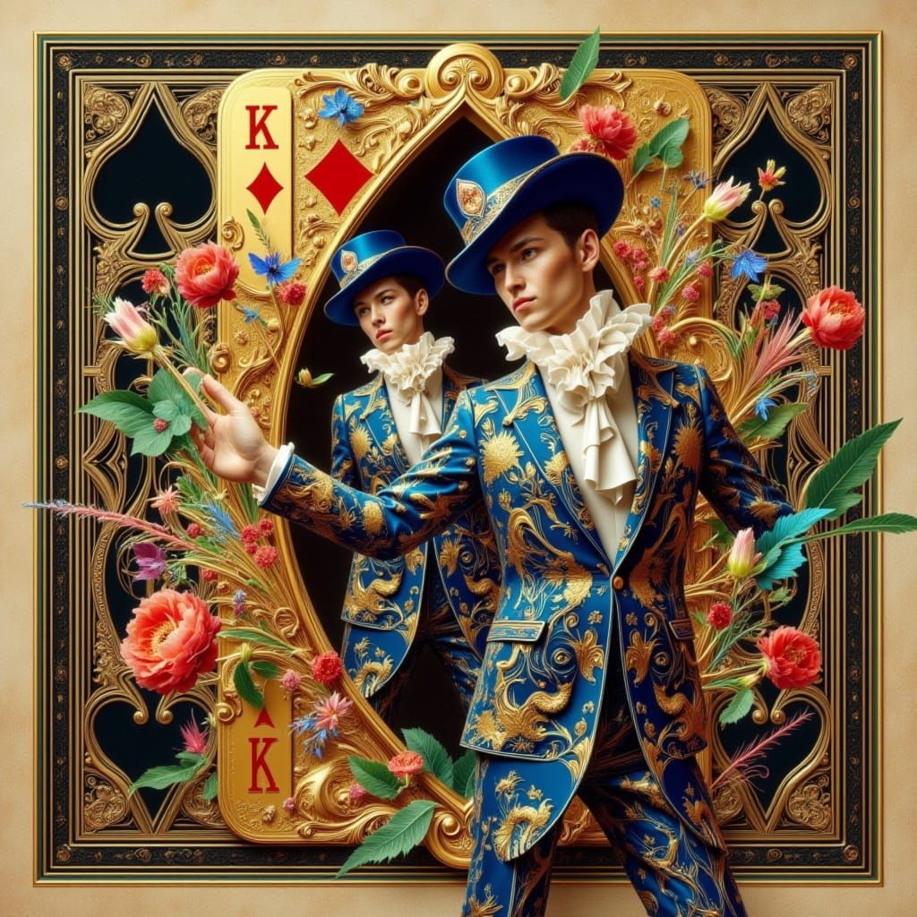 <lora:FiosArcaneCards:1.0> Tweedle brothers, dressed in colorful, elaborate clothing, emerge from a oversized, ornate pl...