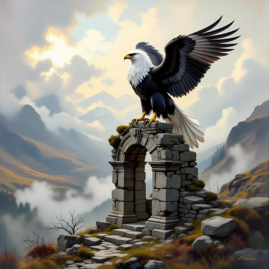 Majestic Griffin Overlooking Misty Scottish Highlands