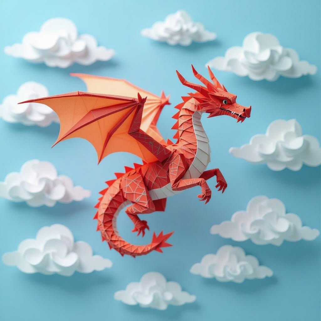 Origami Dragon Soars Through Paper Cloud Sky
