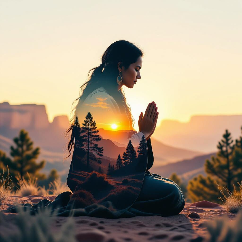 Native Spirit Guide in Prayer, Desert Canyon Sunset Double E...