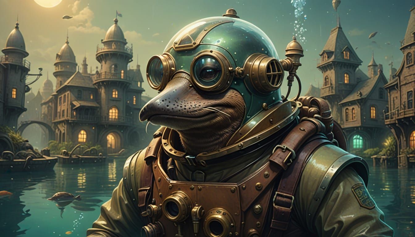 Platypus in Bioluminescent City: Ghibli-esque Art