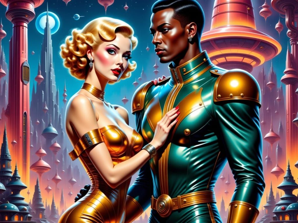 Retrofuturistic Couple in Opulent Nightclub