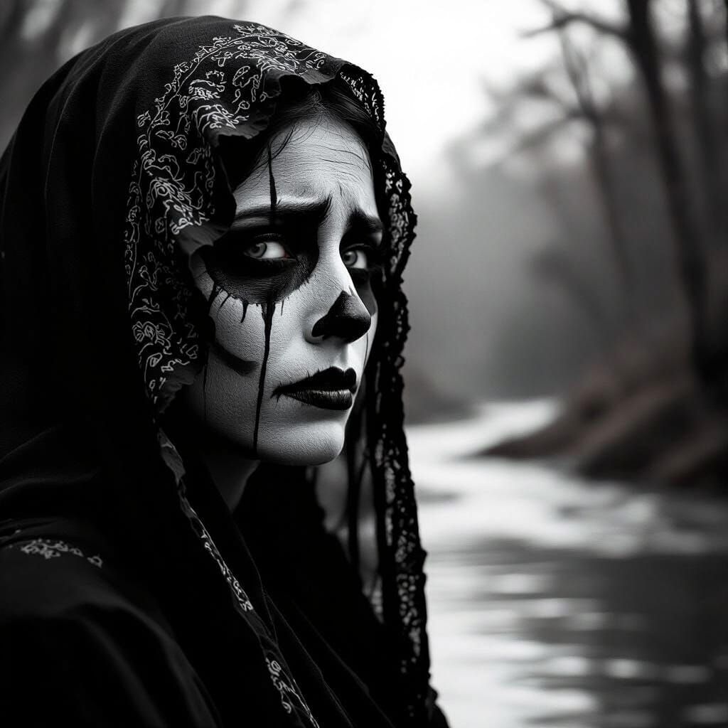 La Llorona Portrait in Stark Black and White